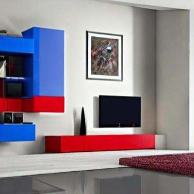 Modern TV Unit Design in Blue and Red Laminate