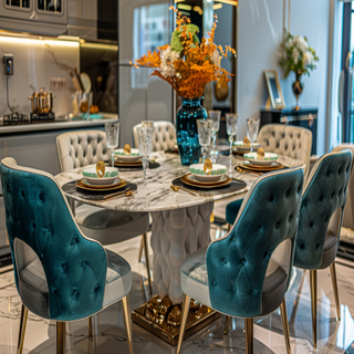 Contemporary Teal And Gold 6-seater Dining Room Design