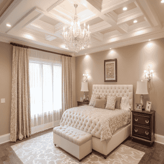 Classic White Coffered Bedroom False Ceiling Design With Chandelier