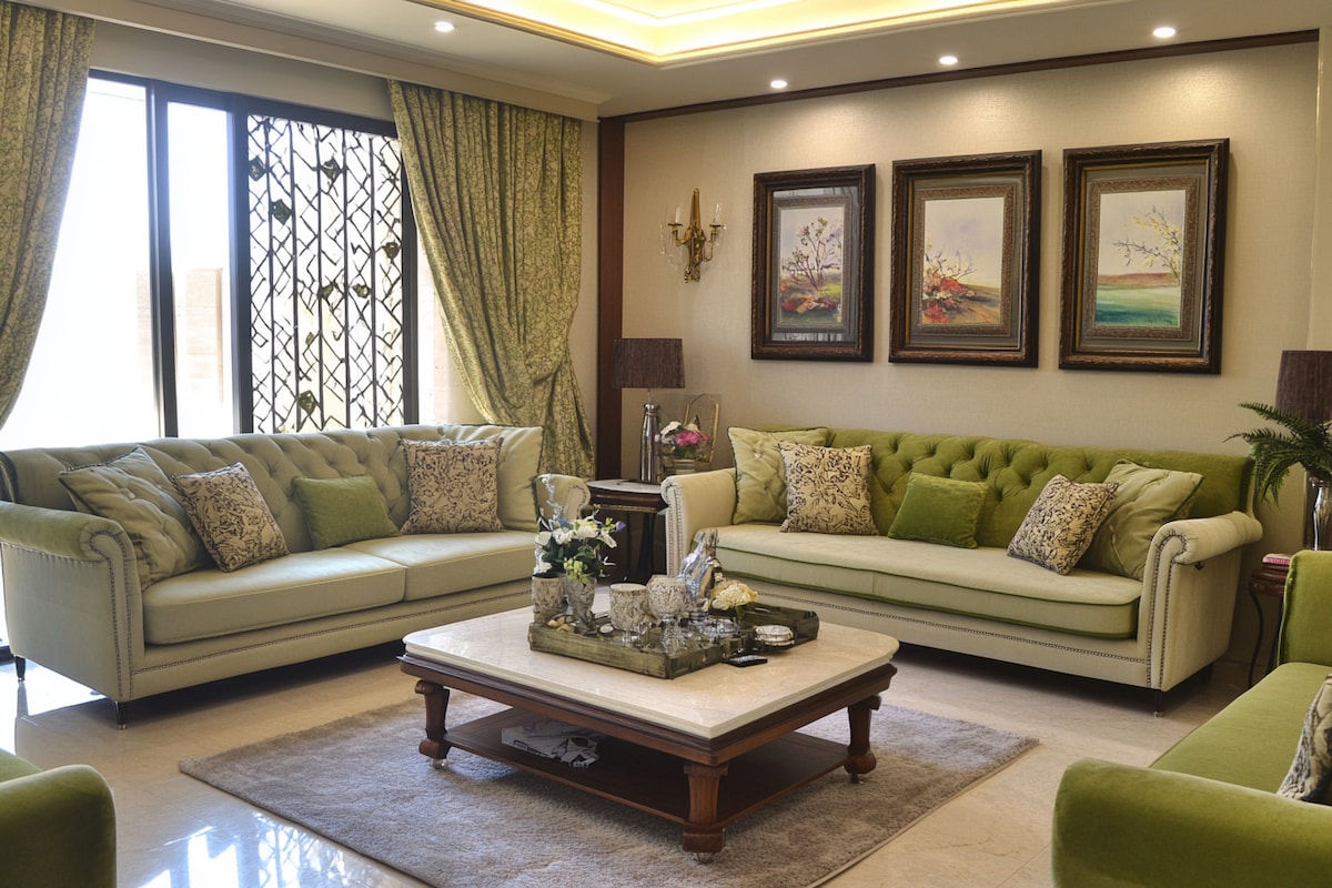 Modern Living Room Design With Cream and Green Sofas