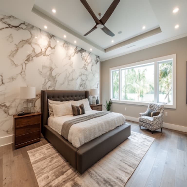 Modern Master Bedroom Design With Marble Accent Wall