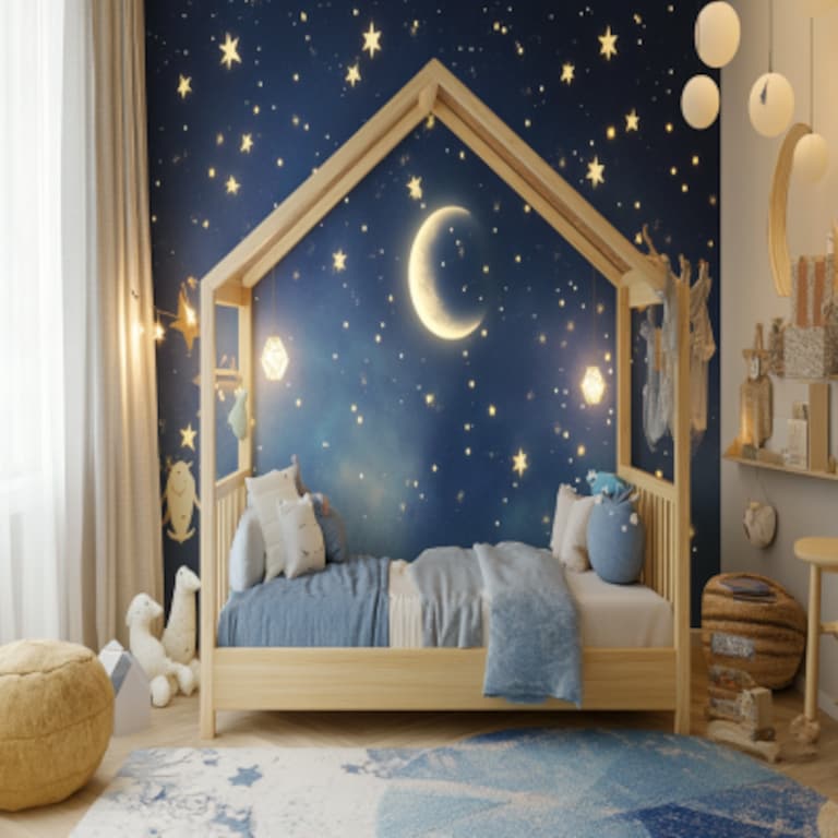 Modern Kids Bedroom Design With Wooden Bed and Star Wallpaper