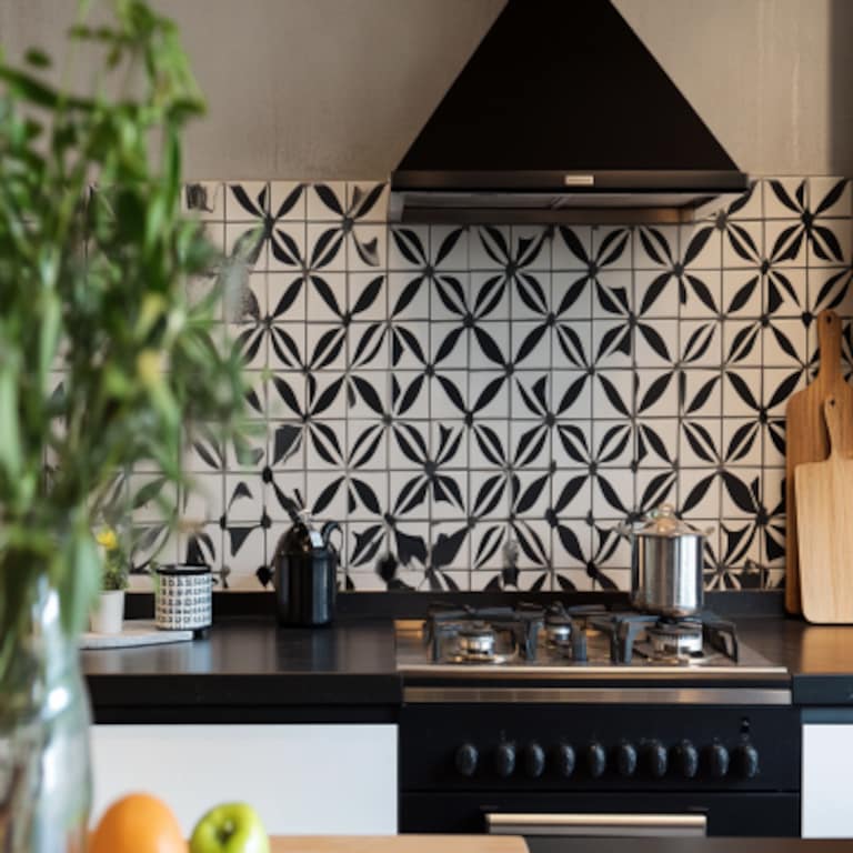 Modern Matte Black And White Star-Patterned Kitchen Tile Design