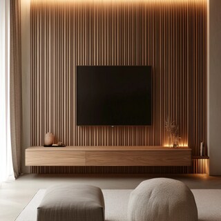 Minimalist Wall-Mounted TV Unit Design with Wooden Fluted Panel