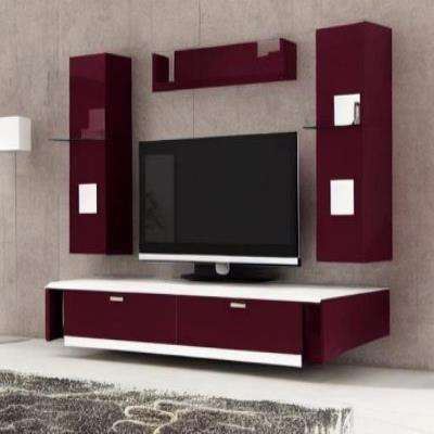 Modern TV Unit Design in Maroon with Wall Mounted Cabinets