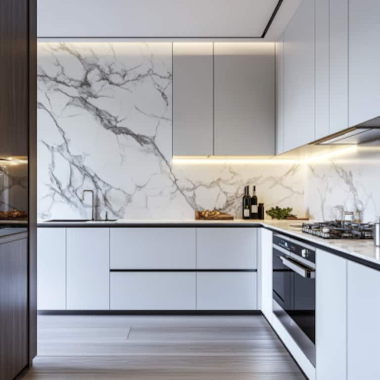 Classic White and Grey Marble Kitchen Tile Design