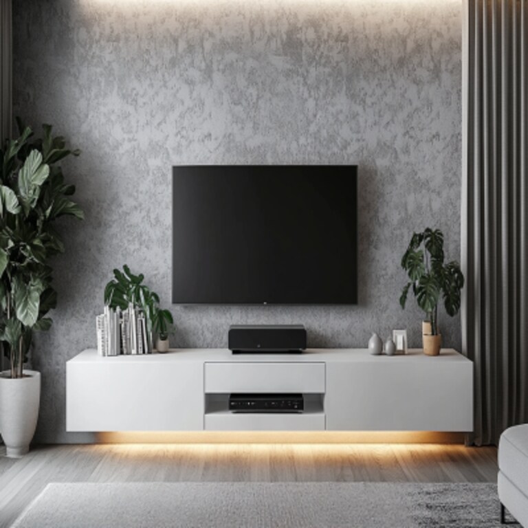 Minimal White TV Unit Design with Grey Patterned Wallpaper