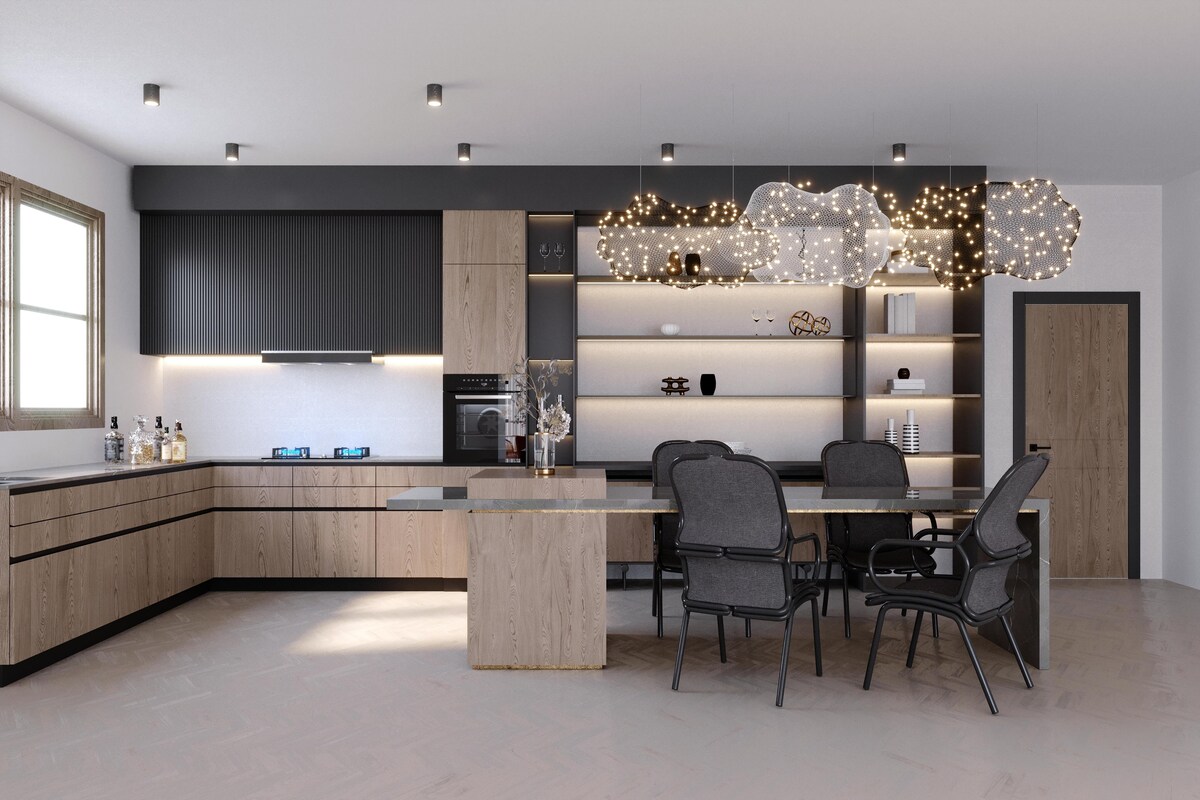 L-Shaped Modular Kitchen Design with Unique Pendant Lights L-Shaped Modular Kitchen Design with Unique Pendant Lights