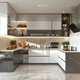 Modern Modular-shaped Kitchen Design With Cappuccino and White Cabinets