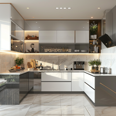 Modern Modular L-Shape Kitchen Design With Silver And White Cabinets