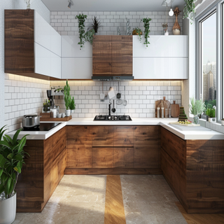 Classic Wood And White U-Shaped Modular Kitchen Design With White Brick Backsplash