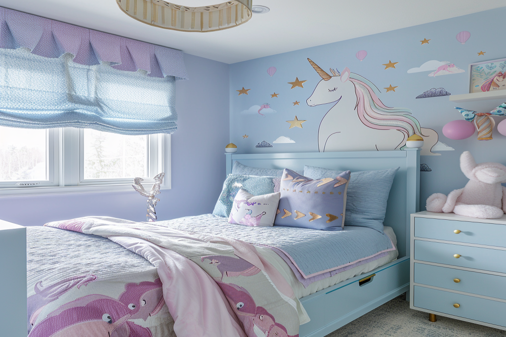 Modern Kids Room Design For Girls With Lavender Unicorn-Themed Wallpaper