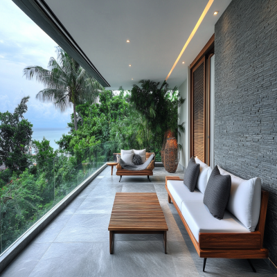 Tropical Balcony Design With Grey Textured Wall Cladding