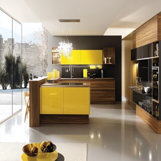 Walnut and Yellow Contemporary Open Kitchen Design