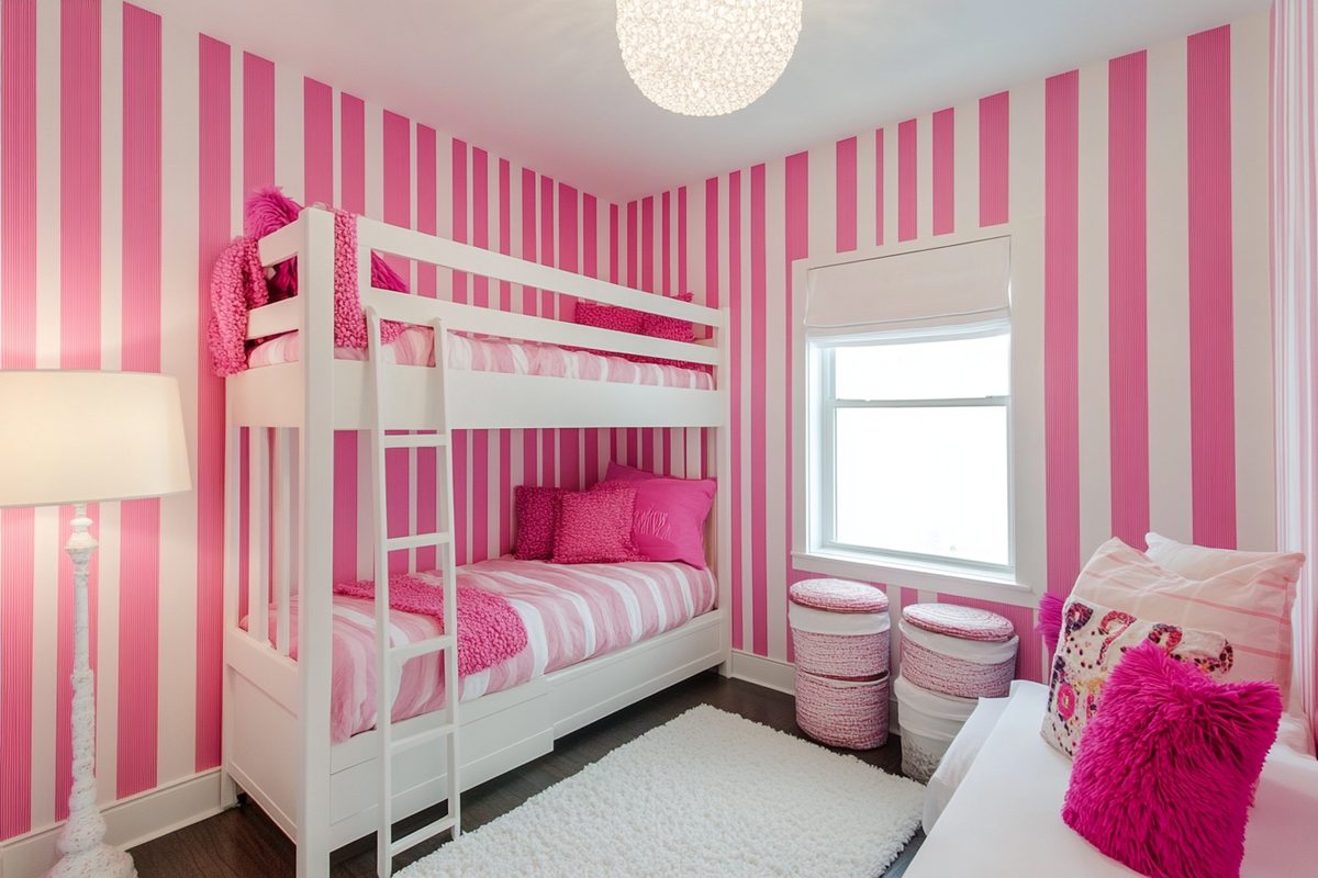 Contemporary Kids Room Design With Pink And White Striped Wallpaper