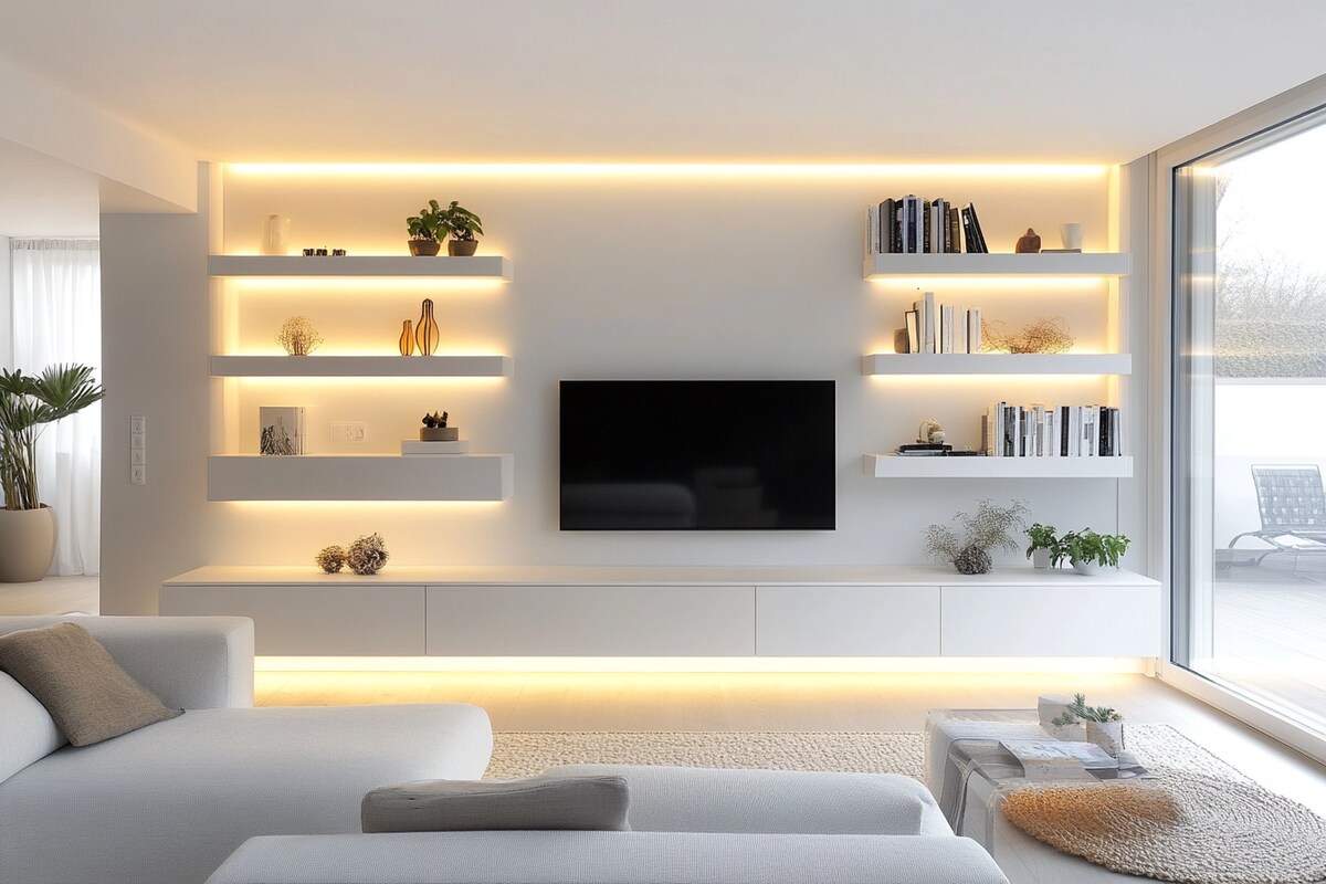 Modern Frosty White TV Unit Design with Floating Shelves