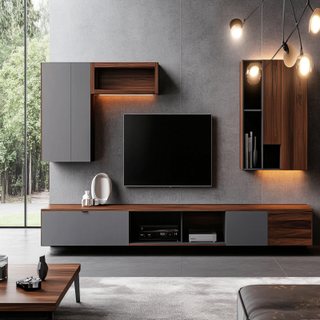 Modern Grey and Brown TV Unit Design With Open and Closed Storage