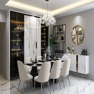 Contemporary 6-seater White And Dark Wood Dining Room Design With Suspended Ceiling