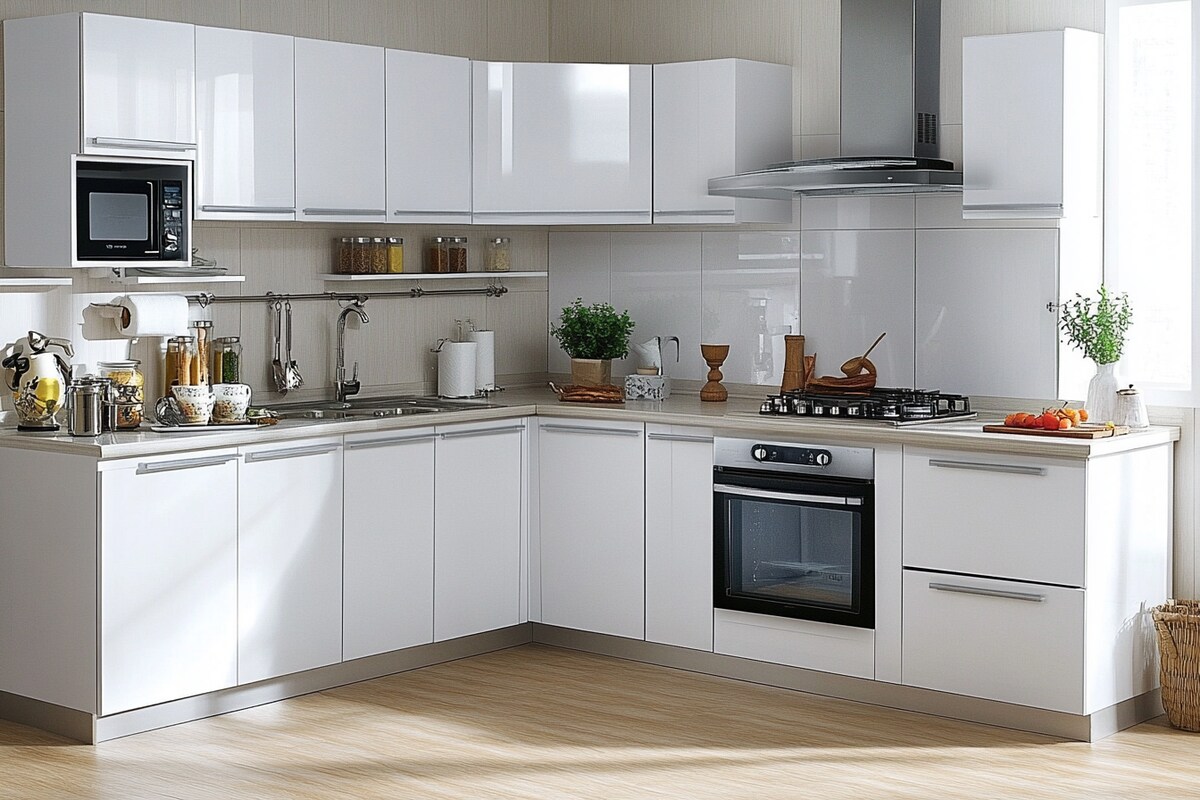 Contemporary L-Shaped Kitchen Design with White Laminate Units