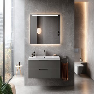 Contemporary Grey Bathroom Design With Wall-Mounted Vanity Unit