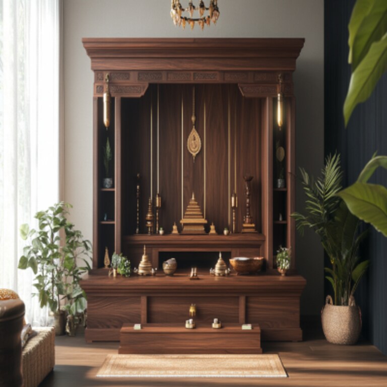 Contemporary Mandir Design In American Walnut Tones