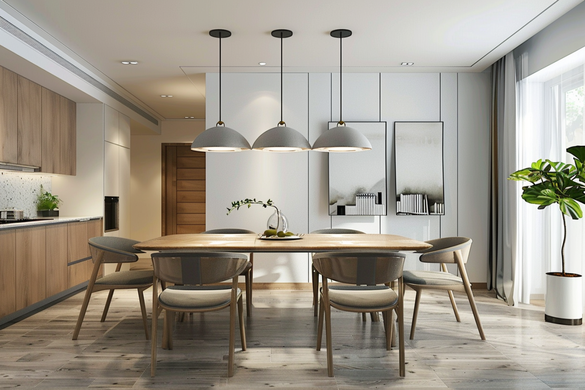 Minimal 6-Seater Wood And Grey Dining Room Design With Pendant Lights