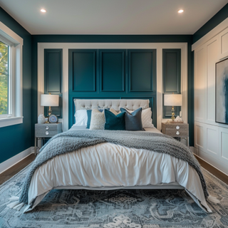 Modern Master Bedroom Design With Teal Blue Accent Wall And White Wall Trims