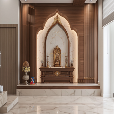 Modern Pooja Room Design With Arched Wood And Marble Panel