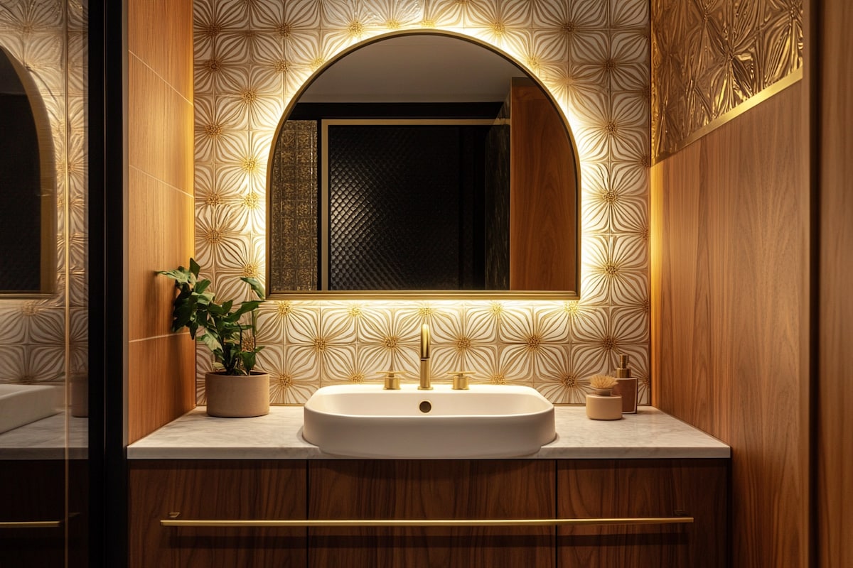 Art Deco Bathroom Design With Wooden Vanity Unit