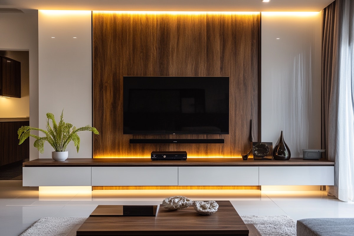 Minimal Frosty White and Walnut Bronze TV Unit Design with a Wooden Panel