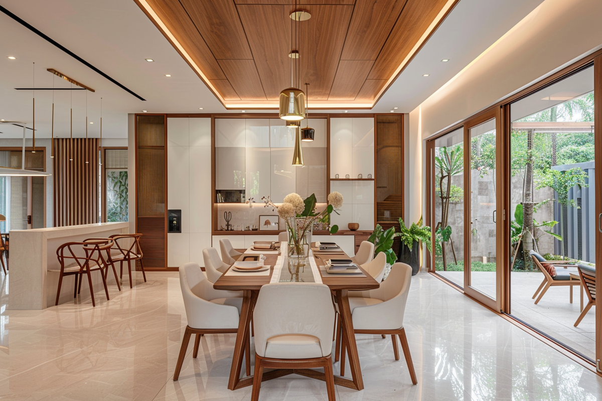 Contemporary 6-Seater White And Wood Dining Room Design With PVC False Ceiling