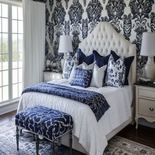 Modern Master Bedroom Design With Blue And White Damask Wallpaper