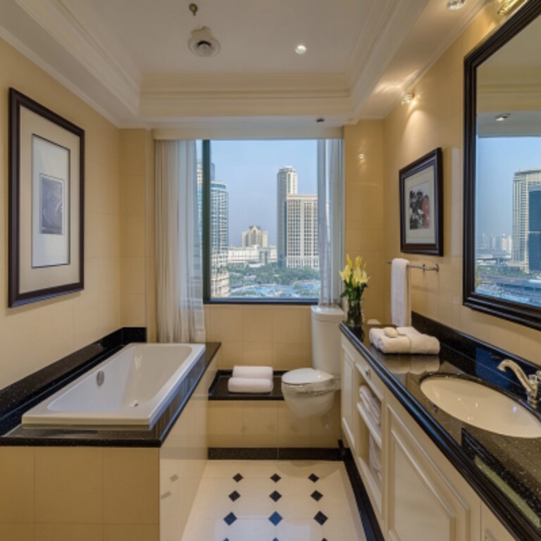 Modern Beige Bathroom Design With Black Marble Countertop