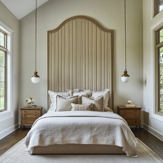 Elegant Master Bedroom Design with Grooved Wall Panels and Pendant Lights