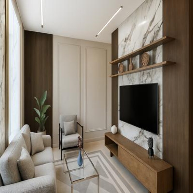 Medium Modern Neutral Living Room Design with Marble TV Wall Medium Modern Neutral Living Room Design with Marble TV Wall