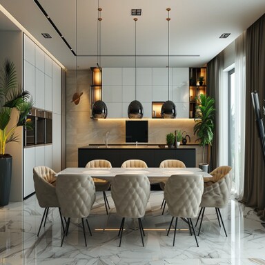 5 Large Dining Rooms with Ceramic Tile Wood Floors Images