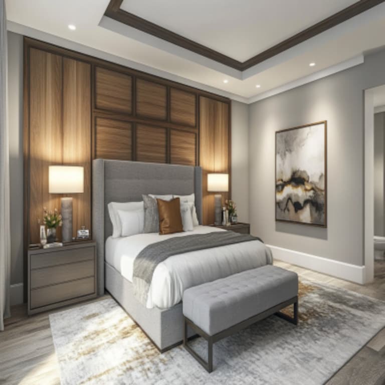 Modern Master Bedroom Design With Grey Headboard And Wooden Wall Panels