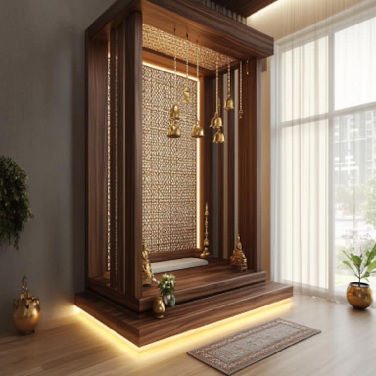 Modern Open Mandir Design With Wooden Floor and Storage