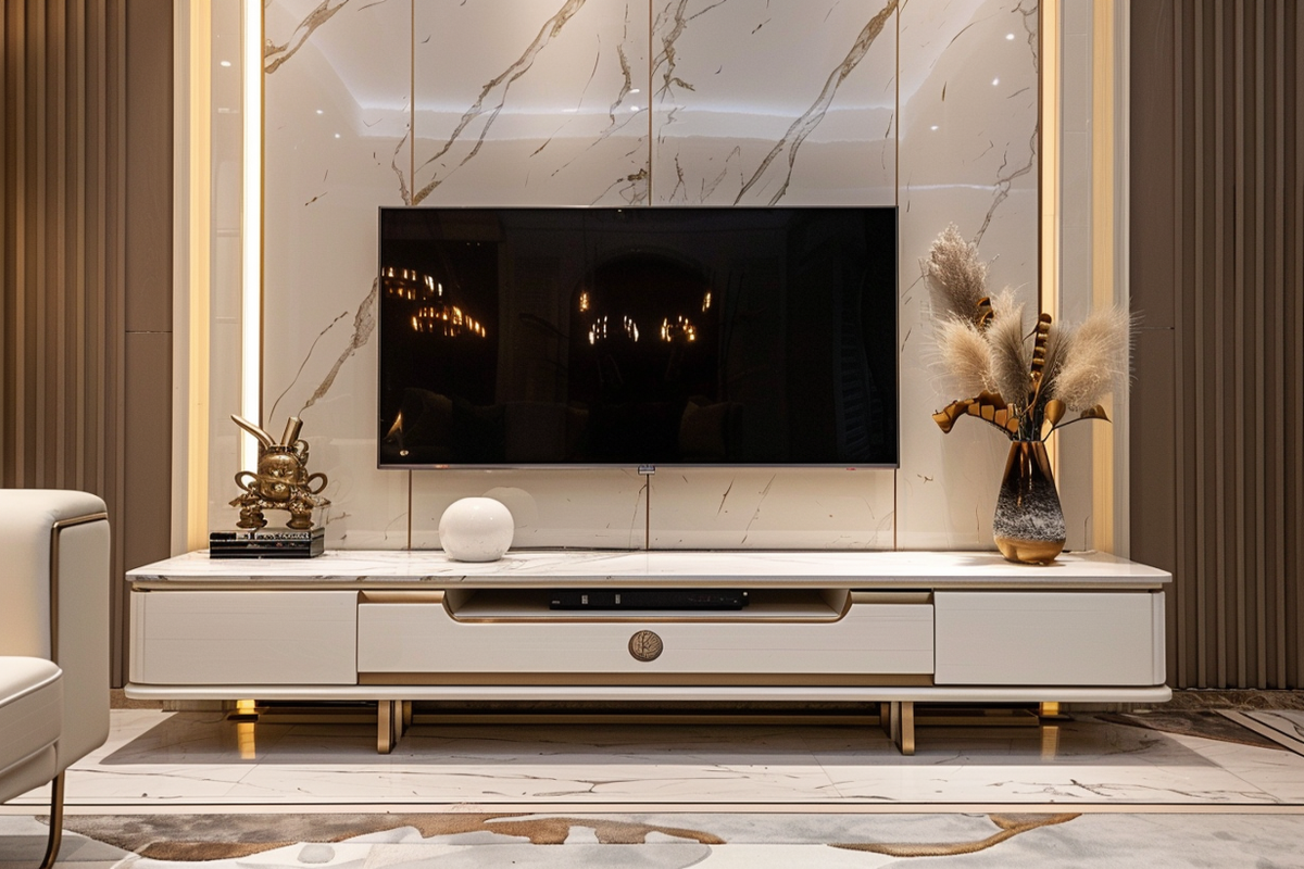 Frosty White Contemporary TV Unit Design With Marble Panel And Metal Inserts