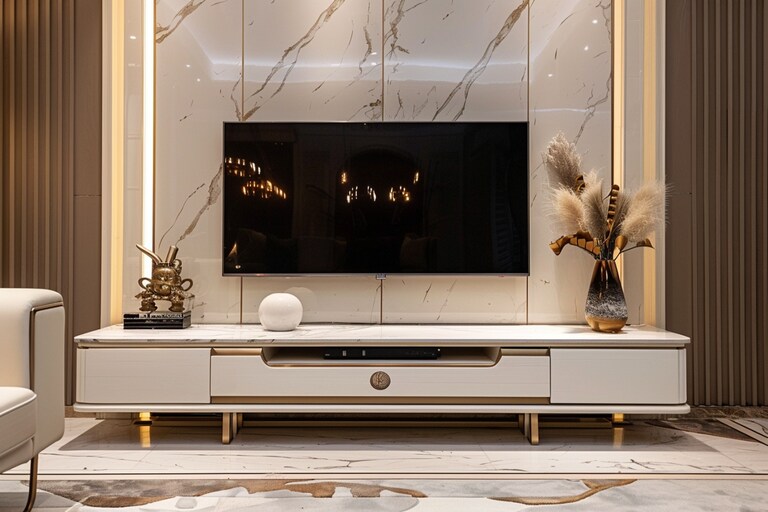 Frosty White Contemporary TV Unit Design With Marble Panel And Metal ...