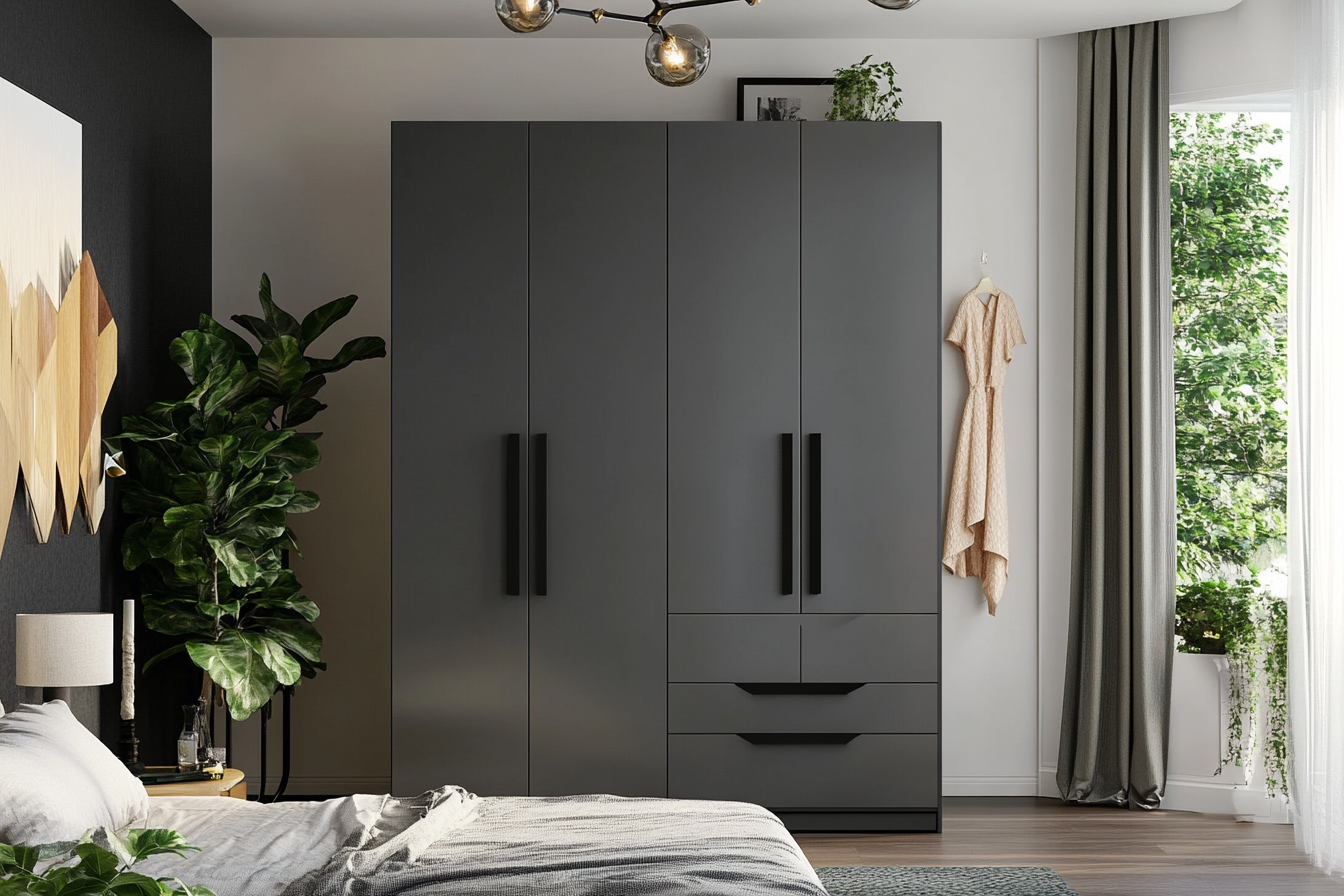 Modern 4 Door Smokey Grey Swing Wardrobe Design