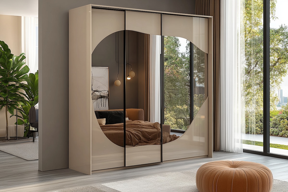 Modern Champagne-Toned 3-Door Wardrobe Design With Mirror