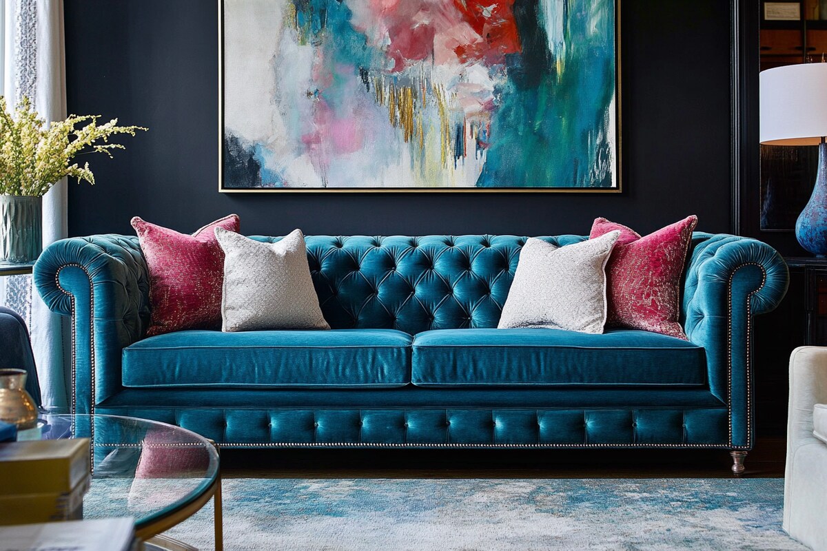 Contemporary Living Room Design With Teal Blue Chesterfield Sofa