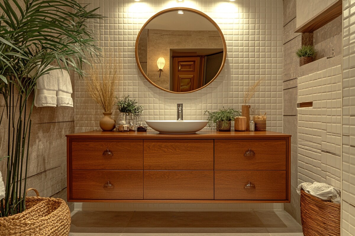 Mid-Century Modern Bathroom Design With Wooden Vanity Unit