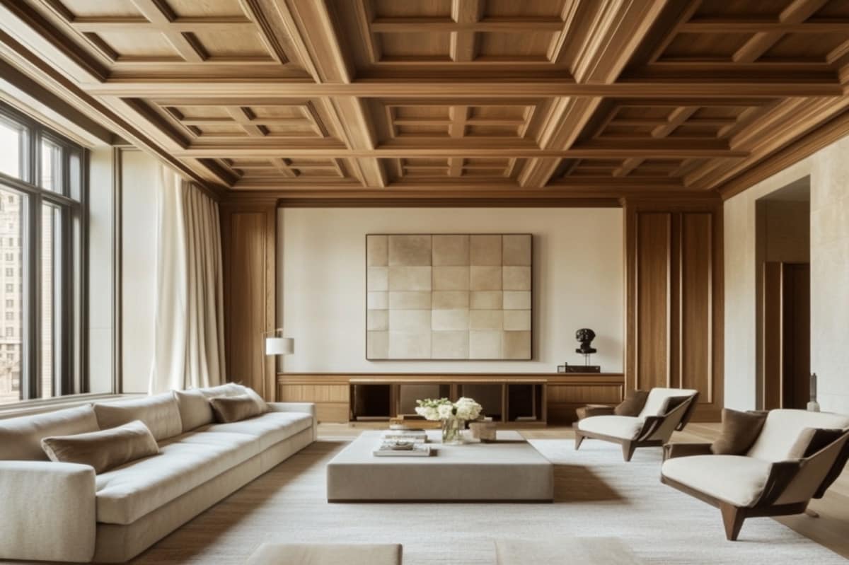 Transitional Double-Sided Rectangle And Square Ceiling Design With Coffered Wood Panel