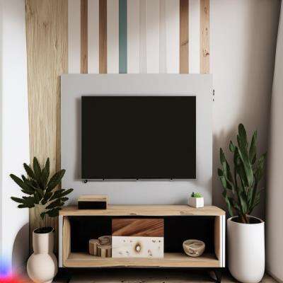 Modern Boho TV Unit Design in Wooden and Cream Laminate