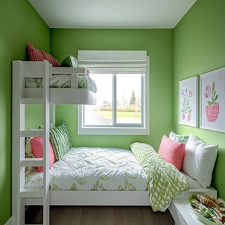 Minimal Kids Bedroom Design with Bunk Bed and Bright Green Walls