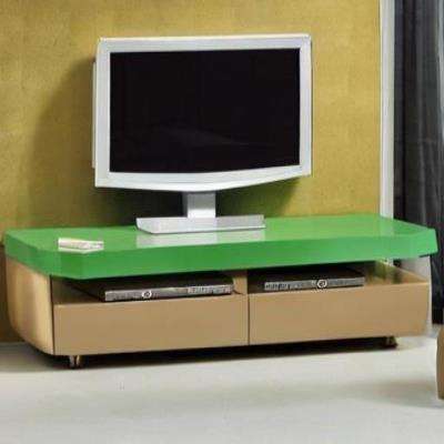 Modern TV Unit Design in Beige and Green Laminate with Mustard Wall