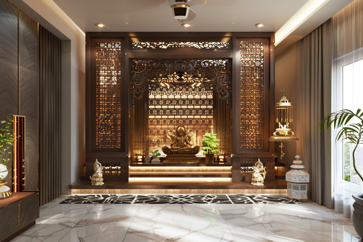 Modern Pooja Room Design With CNC Cut Partition And Wooden Frame