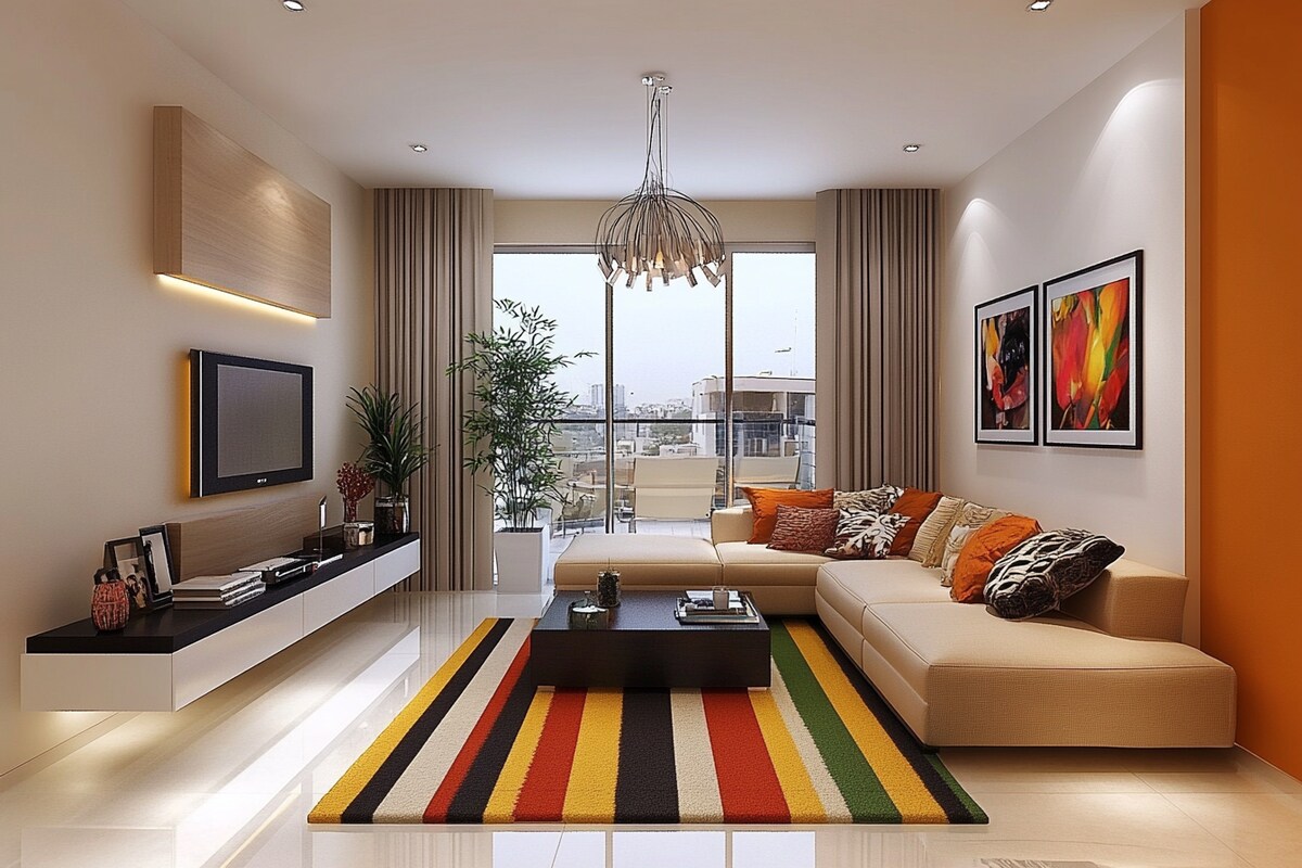 Contemporary Colourful Living Room Design With Beige Sectional L-Shaped Sofa